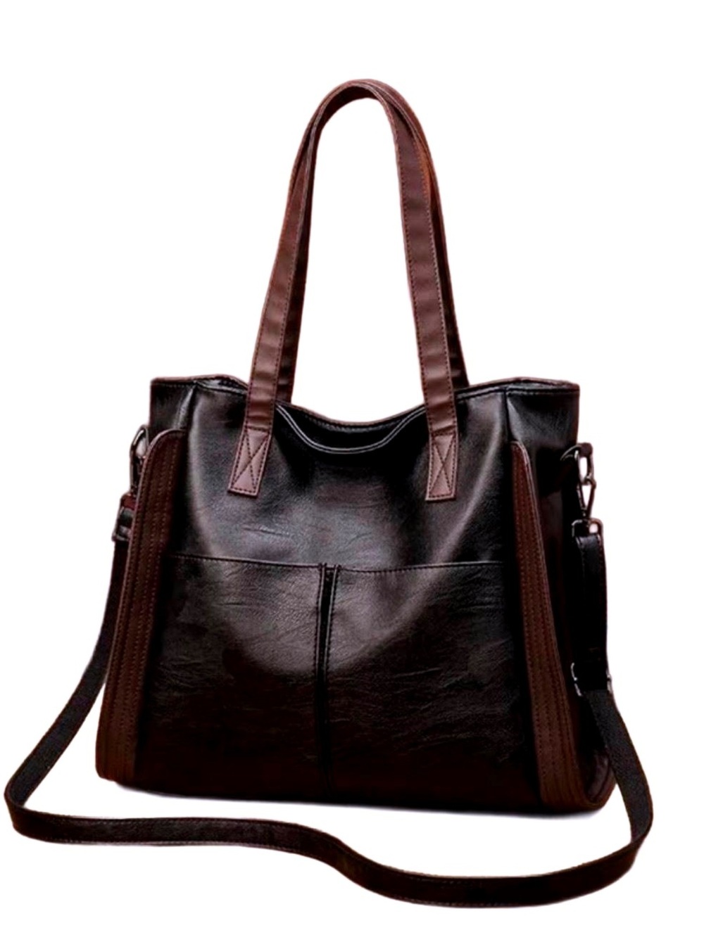 New -Trends & Stylish -Black Tote Shoulder Bag w/Brown Accents